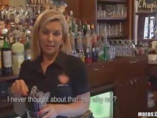 Bartender sucks dick behind counter